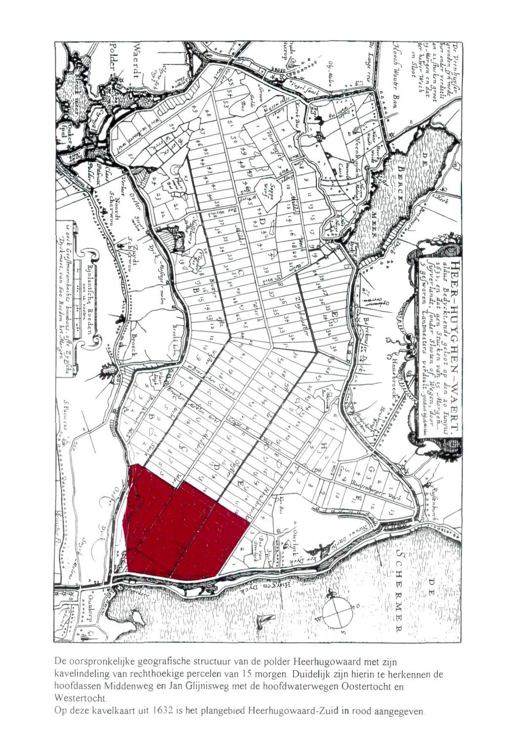 De oorspronkelijke geografische structuur van de polder Heerhugowaard met zijn kavelindeling van rechthoekige percelen van 15 morgen.