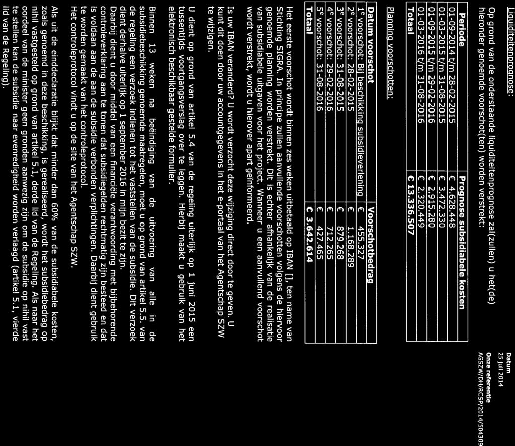 Afdeling Uitvoerng Liciuiditeitenrognose: Op grond van de onderstaande liquiditeitenprognose zal(zullen) u het(de) hieronder genoemde voorschot(ten) worden verstrekt: 25 juli 2014 Onzereferentie