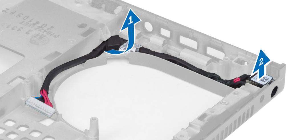 r) I/O-kaart s) beeldscherm t) moederbord 3. Maak de voedingsconnectorkabel los uit de geleiders en til de kabel uit het chassis om de voedingsconnectorpoort te verwijderen.