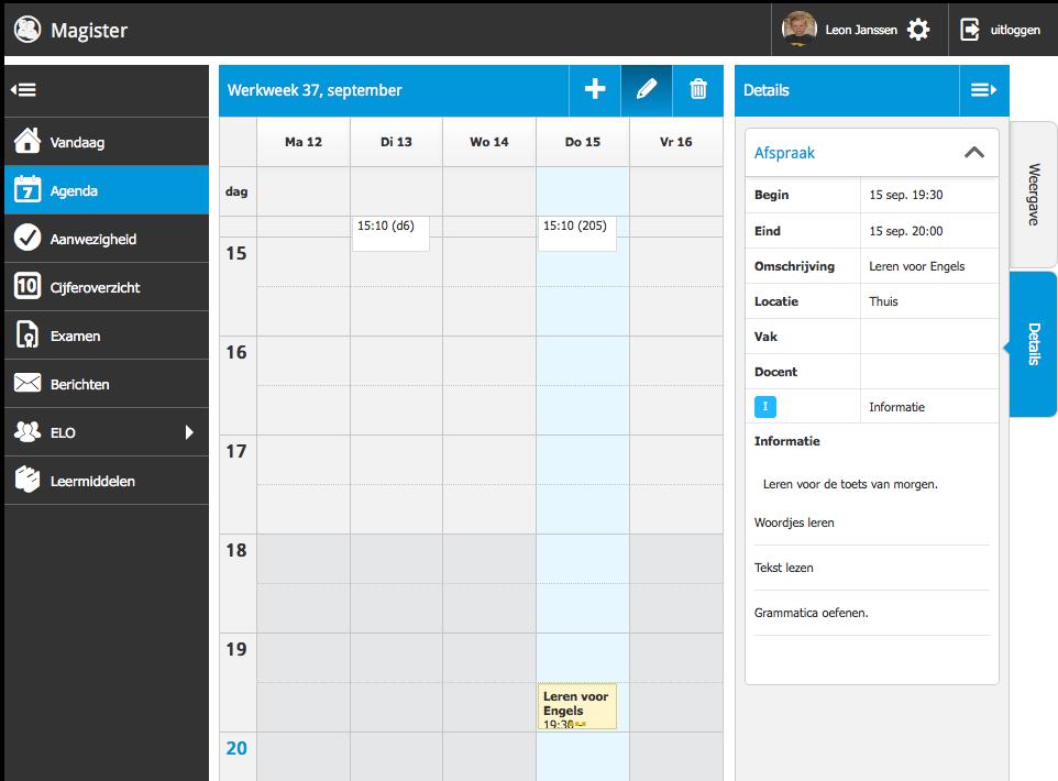 11. De huiswerk afspraak staat nu juist in de agenda. 2. Hier staan de details van de door jouw gemaakt afspraak. 1. De zelf gemaakt huiswerk afspraak. 12. Afspraken: 1.