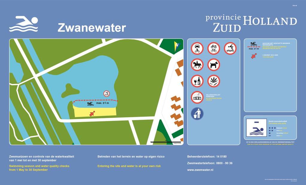 Voorzieningen Aan het Zwanewater ligt een strandje van ongeveer 70 m lang en 12 tot 15 m breed. Het strand is afgeschermd door een hek. Op het strand zijn prullenbakken en een paar bankjes aanwezig.