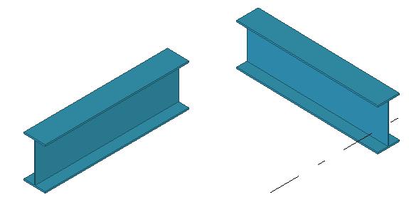 Maak bijvoorbeeld een ligger. Tekla Structures geeft de lijnverlengingen blauw weer. 3. Plaats de muisaanwijzer dichtbij het object om de lijnverlenging te vinden.