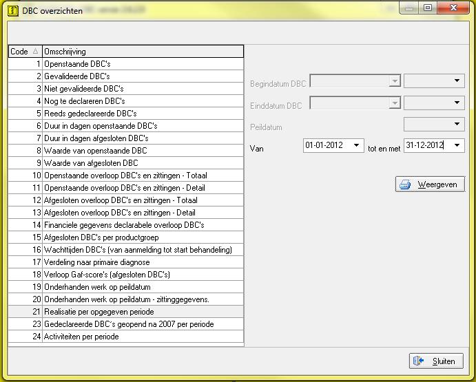 2.2 Periode instellen en starten Ga vervolgens naar Overzichten > DBC overzichten. U komt hiermee op het scherm waar alle DBC overzichten opgestart kunnen worden.