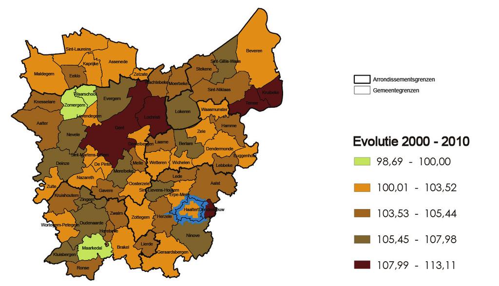 Oost-Vlaanderen Bevolkingsaantal: evolutie tussen 2000 2010 (2000 = index 100) De gemeente behoort, net zoals Erpe-Mere, tot de gemeenten waar de bevolking eerder matig gestegen is sinds het jaar