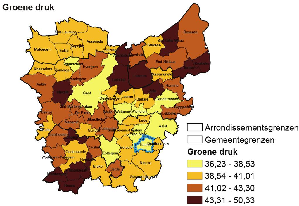 Oost-Vlaanderen Groene druk De groene druk voor de kaartweergave met statistische sectoren is de verhouding van