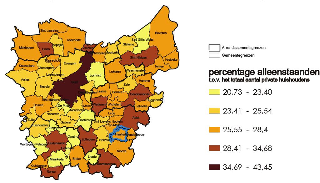 n de alleenstaanden wordt in gevormd door 65-plussers. be Oost-Vlaanderen Percentage alleenstaanden t.o.v. het totaal aantal gezinnen behoort tot de gemeenten met een gemiddeld percentage aan alleenstaanden, vergelijkbaar met Erpe- Mere, Denderleeuw en Ninove.
