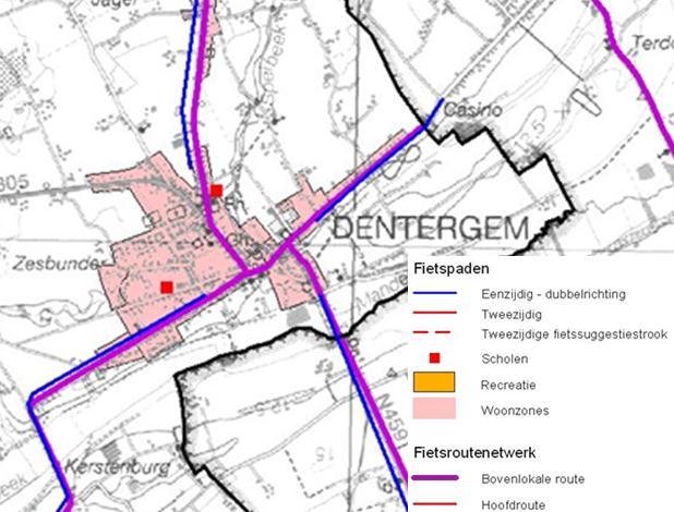 P0291 Verkeerskundige studie Dentergem Rapport Final1.01 Figuur 6 geeft de fietsinfrastructuur weer voor de kern van Dentergem. In het centrum zijn er geen fietspaden aanwezig.