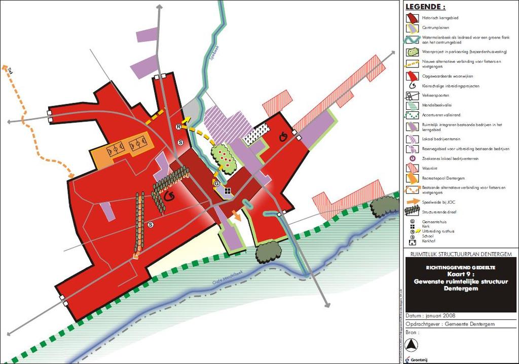 De verweving van de centrumfuncties binnen de L-vormige structuur van het kerngebied van Dentergem betreft onder meer de aanwezige functies van wonen, met inbegrip van seniorenverblijven, de