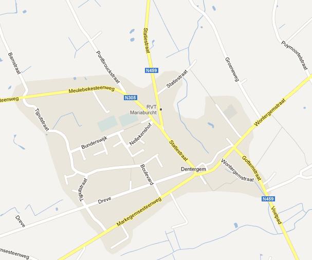 De dorpskom van Dentergem bestaat uit enkele centrumstraten (Statiestraat en Wontergemstraat) die samen komen op het kerkplein.