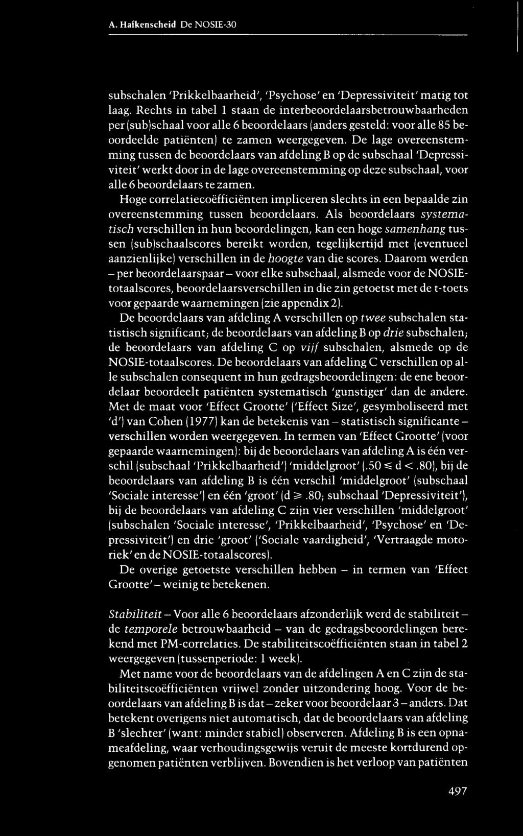 De lage overeenstemming tussen de beoordelaars van afdeling B op de subschaal 'Depressiviteit' werkt door in de lage overeenstemming op deze subschaal, voor alle 6 beoordelaars te zamen.