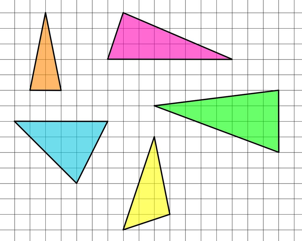 24. a. Bereken de oppervlakte van de oranje driehoek. Teken eerst de rechthoek.. b. Bereken de oppervlakte van de roze driehoek. Teken eerst de rechthoek.. c.