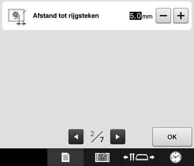 BASISINSTELLINGEN EN HELPFUNCTIE Rijgfstnd vn borduren wijzigen U kunt de fstnd vn het ptroon tot de rijgsteken instellen op 0,0 mm tot 12,0 mm. Bij nschf vn de borduurmchine is 5.0 mm geselecteerd.