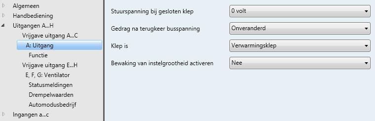 3.2.3.4 Parametervenster A: uitgang (Actor, analoog (0...10V)) In dit parametervenster worden alle instellingen van Actor, analoog (0...10V) gemaakt.