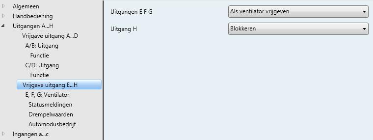 3.2.3.7 Parametervenster Vrijgave uitgang E H Uitgangen E F G Als schakelactoren vrijgeven Als ventilator vrijgeven De uitgangen E, F, G kunnen als als schakelactoren en als ventilator worden ingesteld.