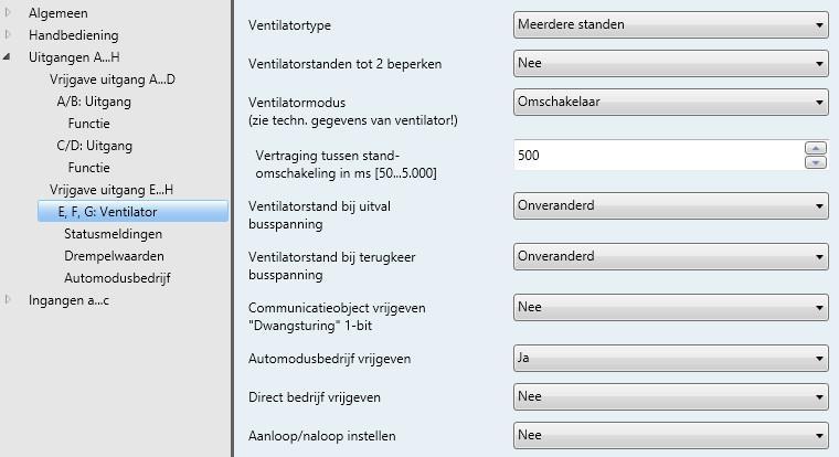 3.2.3.8 Parametervenster E, F, G: Ventilator (meerdere standen) In dit parametervenster worden alle instellingen voor ventilatoren met meerdere standen opgegeven.