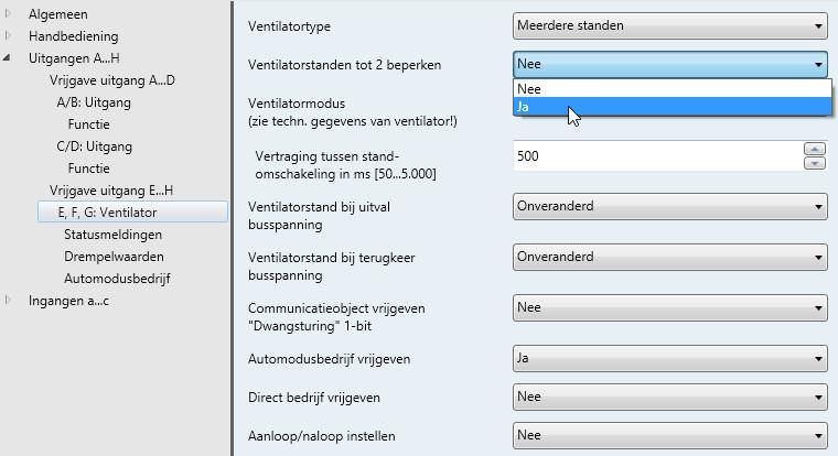 3.2.3.14 Parametervenster E, F, G: Ventilator (twee standen) In dit parametervenster worden alle instellingen voor ventilatoren met twee standen opgegeven.