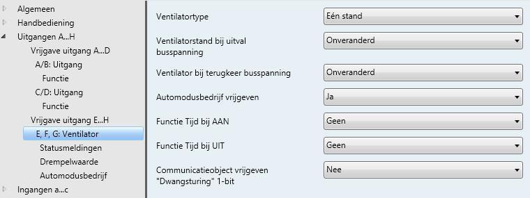 3.2.3.15 Parametervenster E, F, G: Ventilator (één stand) In dit parametervenster worden alle instellingen voor ventilatoren met één stand opgegeven.