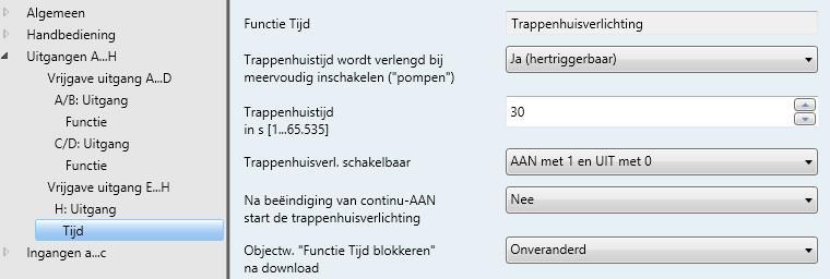 3.2.3.20.1 Parametervenster Tijd In dit parametervenster worden alle instellingen voor de functie Tijd opgegeven: Trappenhuisverlichting.