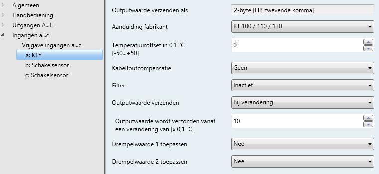 3.2.4.4.2 Parameteropties voor KTY Dit parametervenster is zichtbaar als in het Parametervenster Vrijgave ingangen a c, pag.170, bij de parameter Ingang a de optie KTY is geselecteerd.