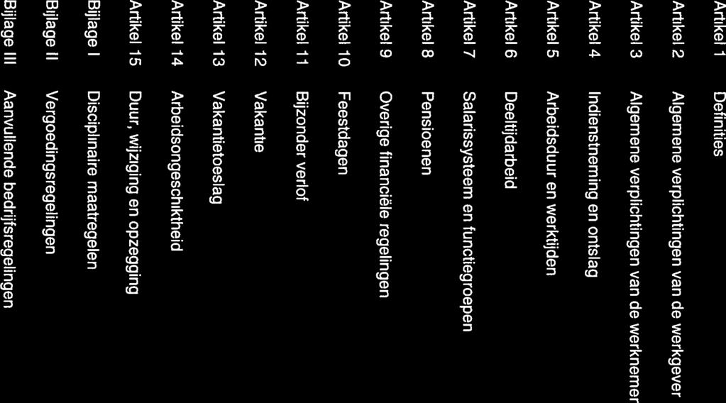 Inhoud Artikel Definities 4 Artikel 2 Algemene verplichtingen van de werkgever 5 Artikel 3 Algemene verplichtingen van de werknemer 6 Artikel 4 lndienstneming en ontslag 8 Artikel 5 Arbeidsduur en