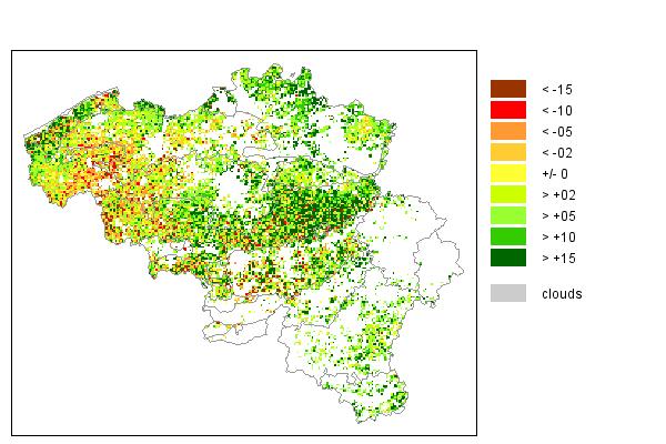 In juli ligt de vegetatie-index op veel plaatsen fors onder het gemiddelde (rode zones op de kaart).