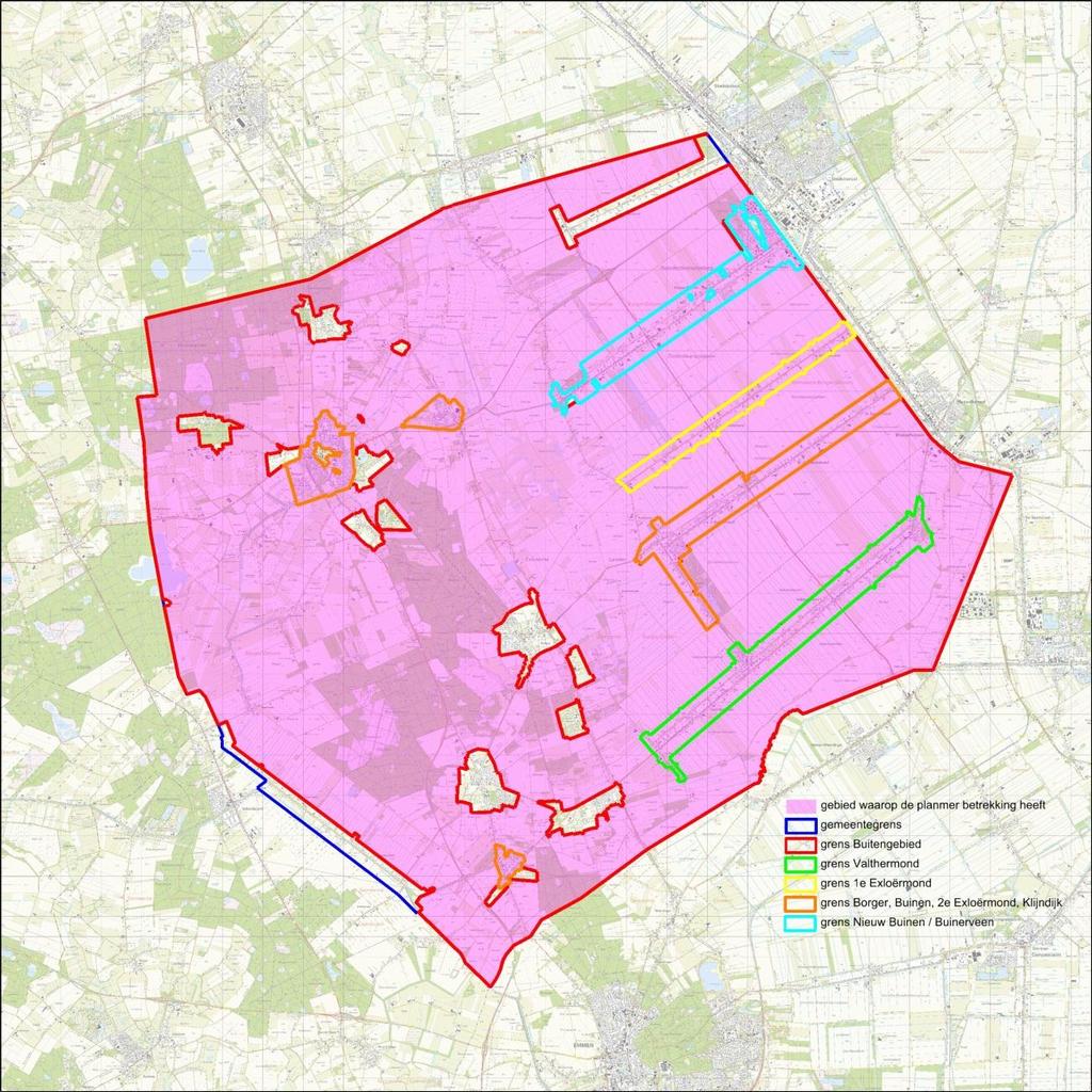 Valthermond; Nieuw-Buinen/Buinerveen; 1e Exloërmond; Borger/Buinen/2e Exloërmond/Klijndijk; In onderstaande figuur is een overzichtskaart opgenomen waarop het plangebied is weergegeven.