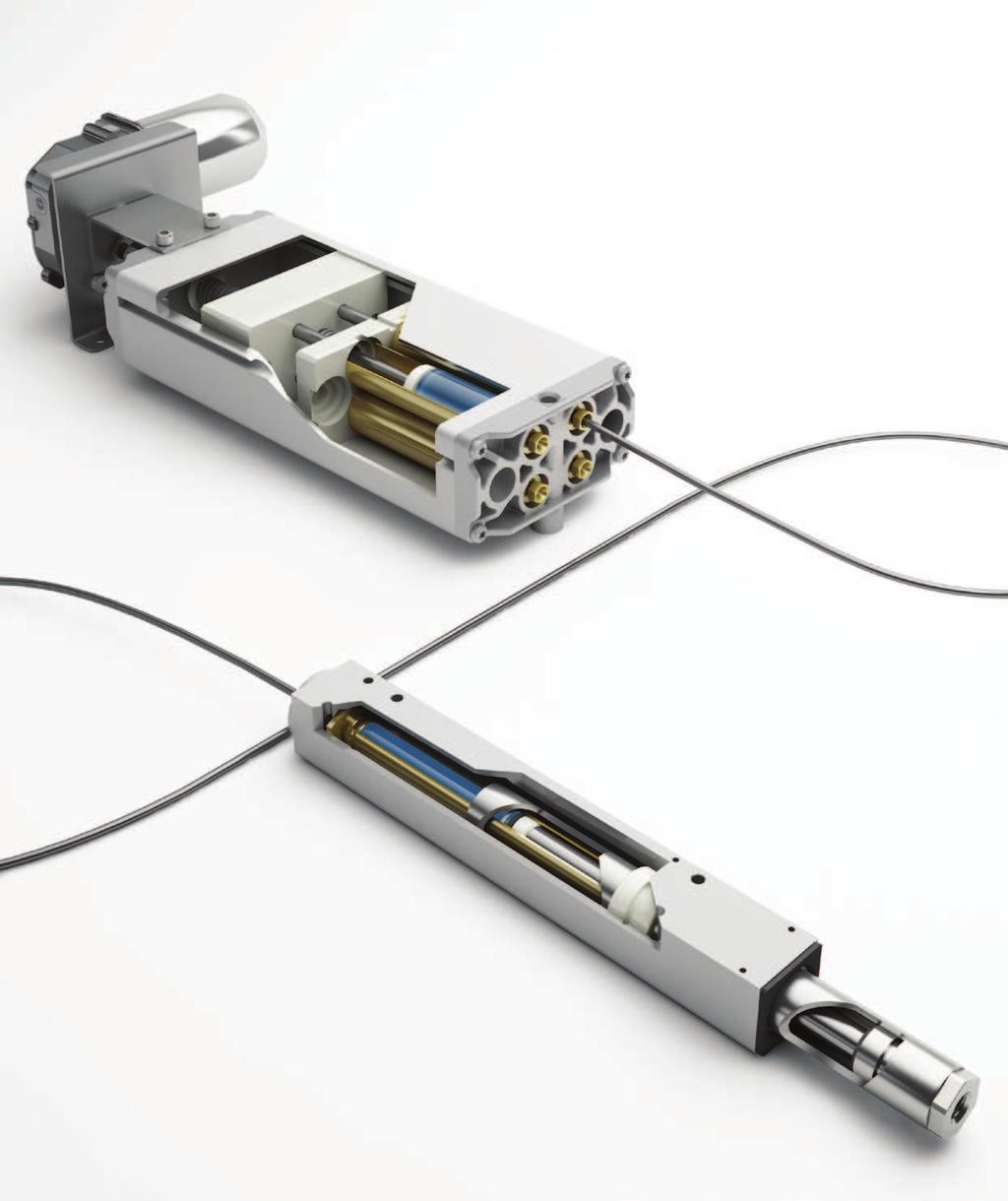 Systeem details I II III IV V Pomp PB Door het bedienen van de handslinger of elektrische aandrijving (I) worden de zuigerstangen (II) door het drukblok (III) gelijktijdig in de drukelementen (IV)