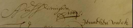 6-7-1664 ondertekening testament Adriaen van Wieringhen, schout van Harmelen, en Jenneken Pietersdr Valck.