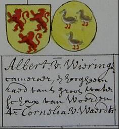 Heraldiek Van Wieringen Van Wieringen in Rijnland, pag. 227. Wapens van Aalbert Pietersz van Wieringen en Cornelia Woutersdr van Waarder (HUA, Familiearchief Martini Buys). VIIIb.