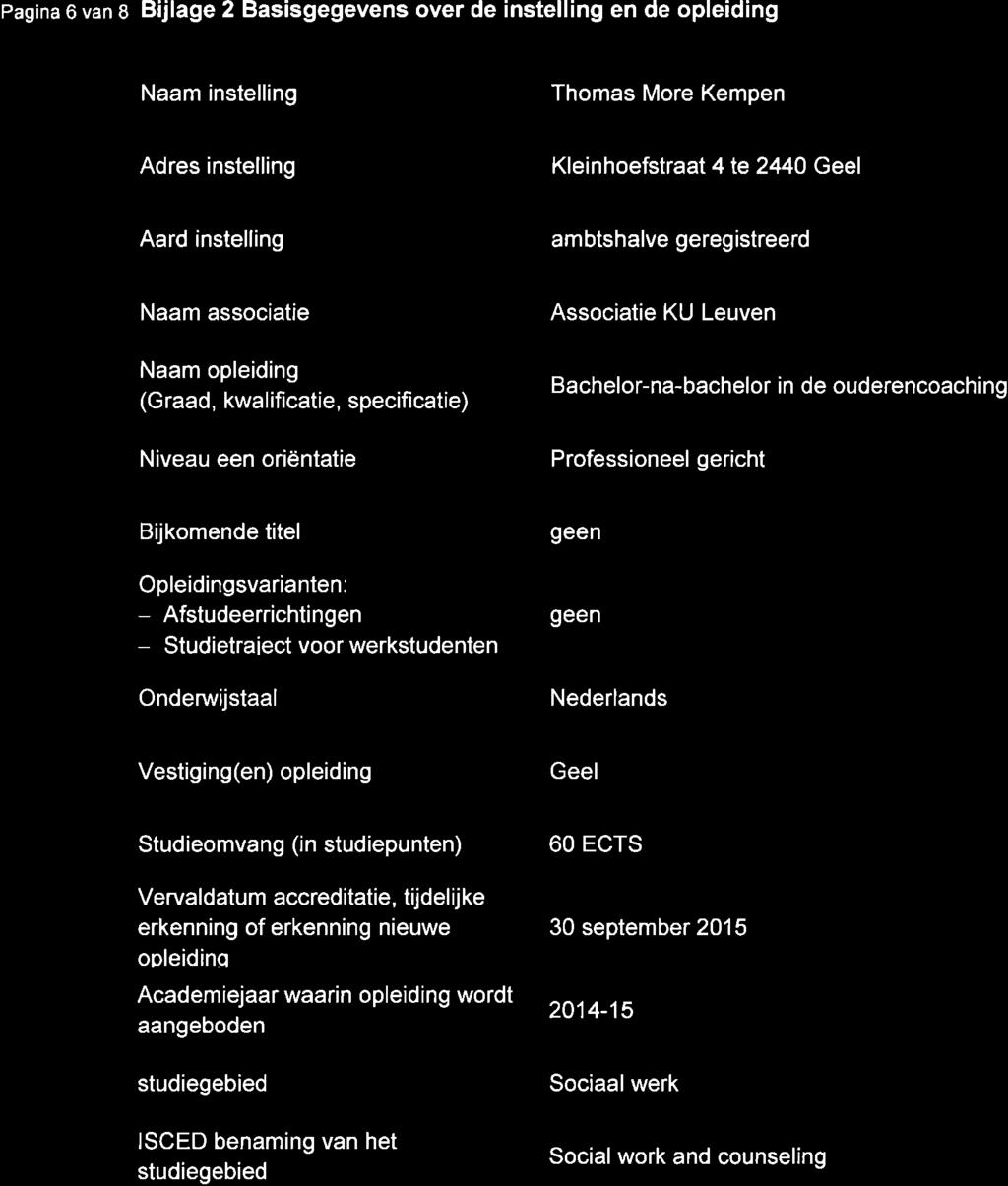 Pagina 6 van I B jlage 2 Basisgegevens over de instelling en de opleiding Naam instelling Thomas More Kempen Adres instelling Kleinhoefstraat 4 te 2440 Geel Aard instelling ambtshalve geregistreerd