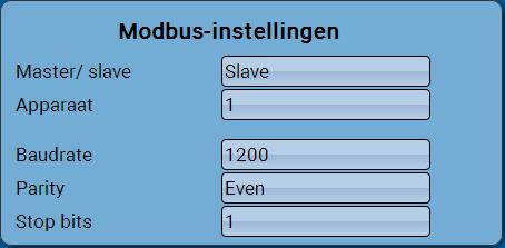 Mastermodus Baudrate Instelbereik van 1200 tot 38400 Baud Parity Keuze: