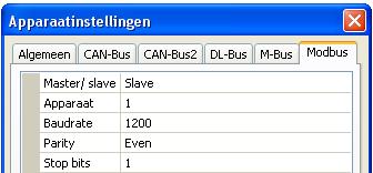 Apparaat-instellingen voor Modbus Deze instellingen worden in het menu Bestand/ Instellingen / Apparaat-instellingen... uitgevoerd.