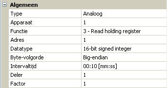 Keuze, of de van de Modbus overgenomen waarde een analoge (= getalswaarde) of digitale waarde (AAN/UIT) is. Omschrijving Aan iedere Modbus-ingang kan een eigen omschrijving worden toegekend.