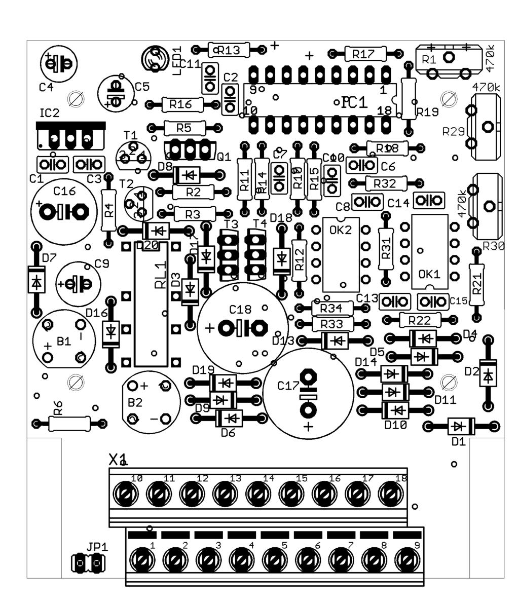 Spannungsregler - Voltage regulators IC2 7805 Régulat. de tension - Spanningsregelaars Relais RL1 2 x Um Anreihklemme - Terminal strip Bornier - Printkroonstaan X1 9-pol.