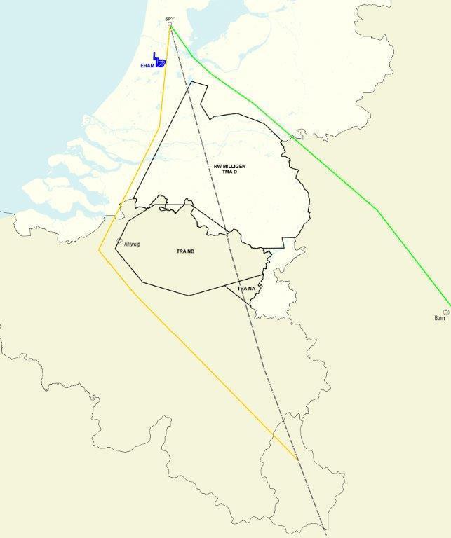Vliegtuigen volgen nu geregeld routes via Bonn of Antwerpen om het militaire oefengebied boven de Nederlands/Belgische grens te mijden. Ook als militaire luchtruimgebruikers niet oefenen.