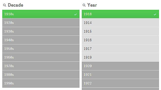 3 Interacties uitvoeren met visualisaties De status Geselecteerd uitgesloten Als u in meer dan één filtervak selecties wilt maken, kunt u een vijfde status tegenkomen: geselecteerd uitgesloten.