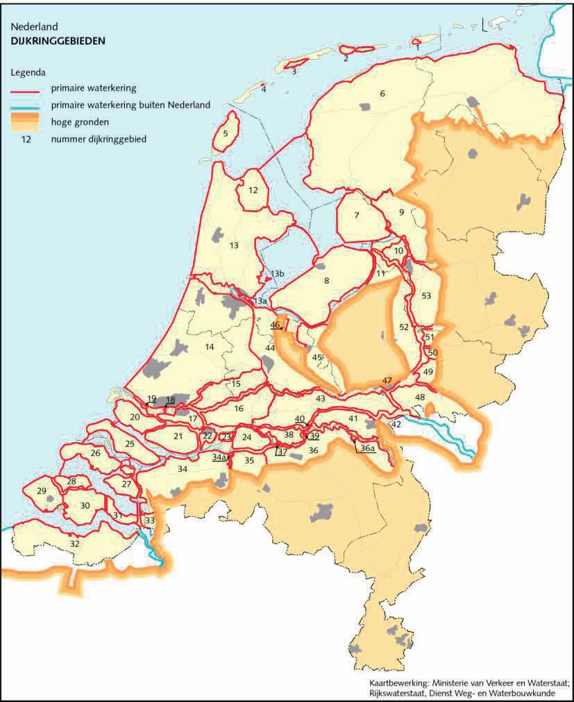 Afbeelding 6 De 99 dijkringgebieden in de nieuwe Wet op de Waterkering (2005) Primaire waterkeringen bestaan uit dijken, duinen en kunstwerken en liggen langs zogenaamd buitenwater: zee, groot meer