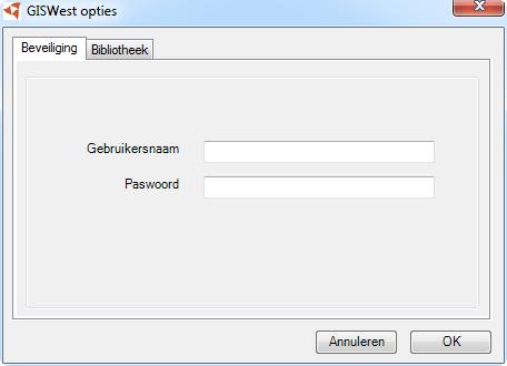 GisWest Opties Als men op deze knop klikt verkrijgt u het volgende venster: In de tab Beveiliging moet men z n gebruikersnaam en Paswoord in vullen, de gebruikersnaam