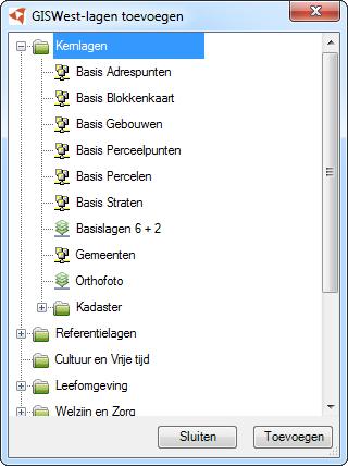 GisWest lagen toevoegen (bibliotheek) Als men op deze knop klikt verkrijgt u het volgende venster: In deze bibliotheek zijn er datalagen beschikbaar