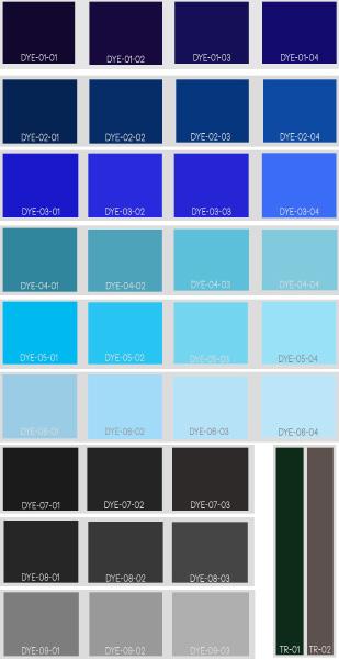 product Kleuren De kleur blauw zal het meeste en in verschillende tinten verkrijgbaar zijn. Van licht- tot donkerblauw, indigoblauw, azuurblauw, ultramarijn en maya blauw.
