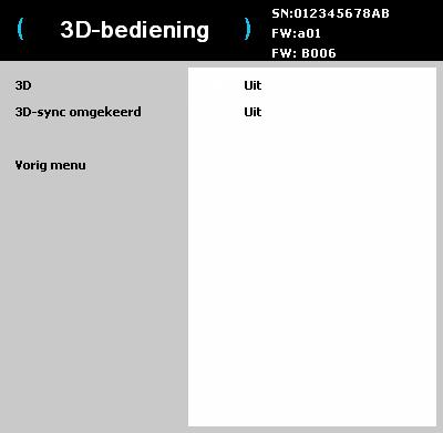Menu Geavanceerd >Beeld 3D-bediening: 3D: in- of uitschakelen. Schakel dit in om het beeld in 3D te projecteren. 3D-sync omgekeerd: in- of uitschakelen.