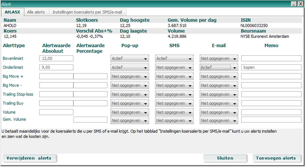 Instellen alert venster. Geef hier aan of u een alert in Mijn Dealingroom en eventueel via SMS of e- mail wilt ontvangen.. Wilt u een extra reminder aan uw alert toevoegen? Dat kan in het veld memo.