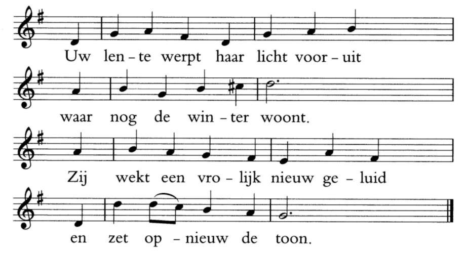 Zingen (staande): Lied 47: 1 t/m 6 (Liefste lied van overzee, Sytze de Vries) 2. In stralen rijst uw nieuw mens, tegen de nacht bestand. De diepste schaduw kent zijn grens zolang uw Paaslicht brandt.