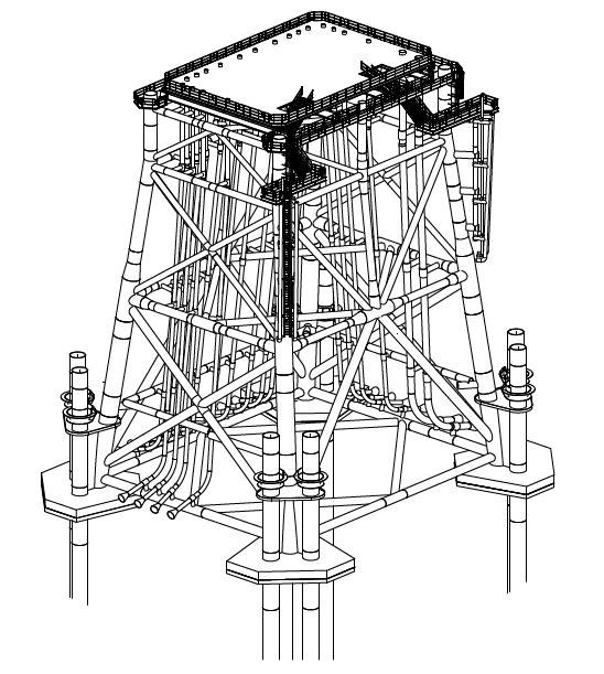 Standard 700 MW AC Offshore Substation Basic Design Report 14 of 48 Figure 5-1: Jacket structure The topside module is configured with a steel main column and beam system with braces.