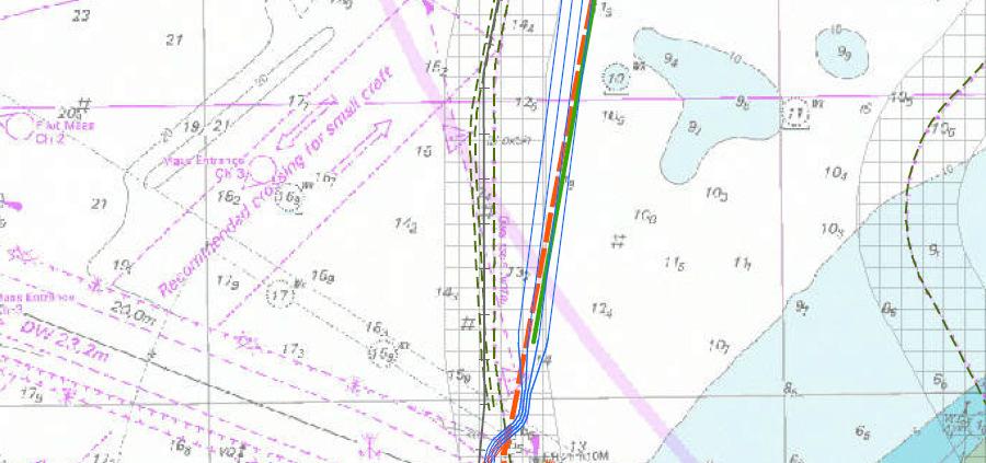 4 circuits 220 kv zeekabel Onderlinge afstand 200 m >7,9 km diepte1 m onder zeebed 4 circuits 220 kv zeekabel Onderlinge afstand 25 m Van 3,5-7,9 km (stortvak) diepte2 m onderzeebed