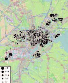 Fig. 4. Gemiddeld aantal Huismussen per telpunt in Amsterdam en Almere 2007-2014. In Amsterdam ( versteende stad ) vooral nog langs de randen; in Almere ( groene stad ) komt de Huismus verspreid voor.