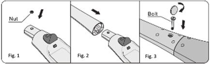 Draai het apparaat om, plaats de moer in het gat op de achterkant van het handvat en draai met de klok mee om vast te draaien (Fig. 3) Moer Bout Afb. 1 Afb. 2 Afb. 3 4.