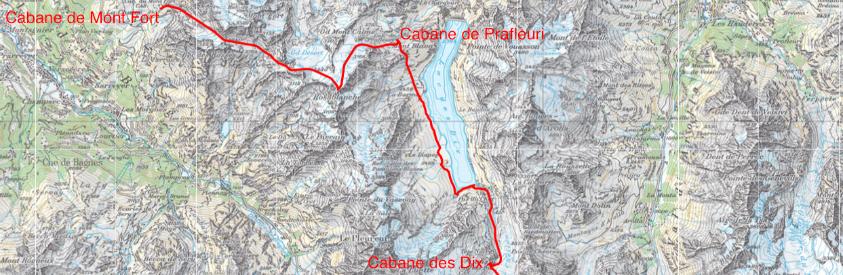 Haute route dag 4 en 5 Cabane de Mont Fort-Cabane de Prafleuri-Cabane des Dix Dag 5 690 m 420m Dag 6 970 m 740m Dag 7 1150 m 2700m Via het Lac des Dix naar de gelijknamige hut Vroeg in de ochtend