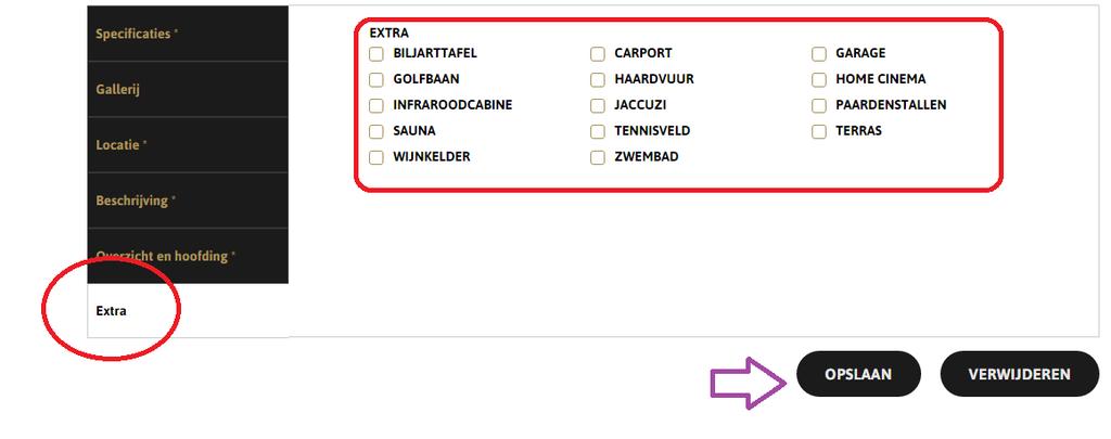 10. EXTRA Hier kan je enkele bijzondere punten aanduiden van je pand zodat een geïnteresseerde kan zoeken op bv. panden met zwembad. De opsomming is facultatief en misschien ontbreekt er een item.