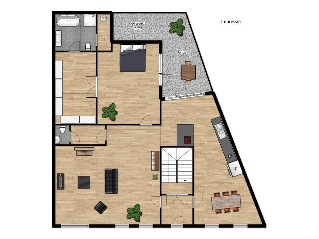 Begane grond (mogelijkheid voor een woning): Vanuit de hal toegang naar de sfeervolle ruime woonkamer (56m²) met een mooie houten eiken vloer.